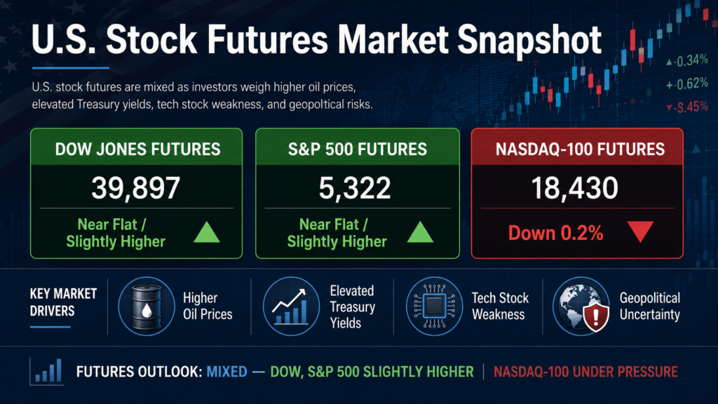 U.S. stock futures market snapshot showing Dow, S&P 500 and Nasdaq-100 futures